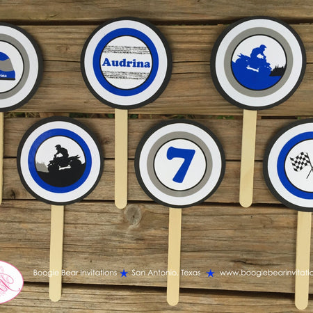 ATV Birthday Party Cupcake Toppers Blue Black Boy Girl All Terrain Vehicle Quad 4 Wheeler Off Road Boogie Bear Invitations Audrina Theme