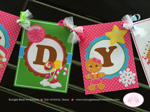 Gingerbread Girl Birthday Name Banner Party Pink Winter Lollipop Snowflake Snow Christmas House Star Boogie Bear Invitations Candy Sue Theme