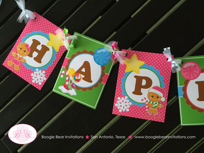 Gingerbread Girl Happy Birthday Banner Party Pink Winter Lollipop Snowflake Christmas House Holiday Boogie Bear Invitations Candy Sue Theme