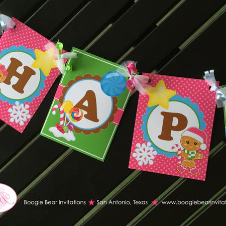 Gingerbread Girl Happy Birthday Banner Party Pink Winter Lollipop Snowflake Christmas House Holiday Boogie Bear Invitations Candy Sue Theme