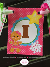 Load image into Gallery viewer, Pink Gingerbread Girl Highchair I am 1 Banner Birthday Party Winter Lollipop Sweet Christmas House Boogie Bear Invitations Candy Sue Theme