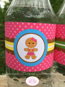 Gingerbread Birthday Party Bottle Wraps Wrapper Cover Label Girl Pink Sweet Winter Christmas House Boogie Bear Invitations Candy Sue Theme