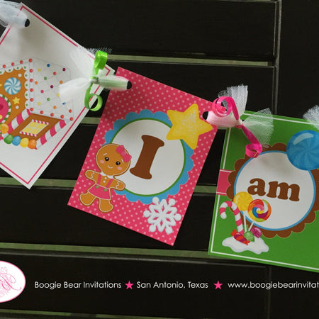 Pink Gingerbread Girl Highchair I am 1 Banner Birthday Party Winter Lollipop Sweet Christmas House Boogie Bear Invitations Candy Sue Theme