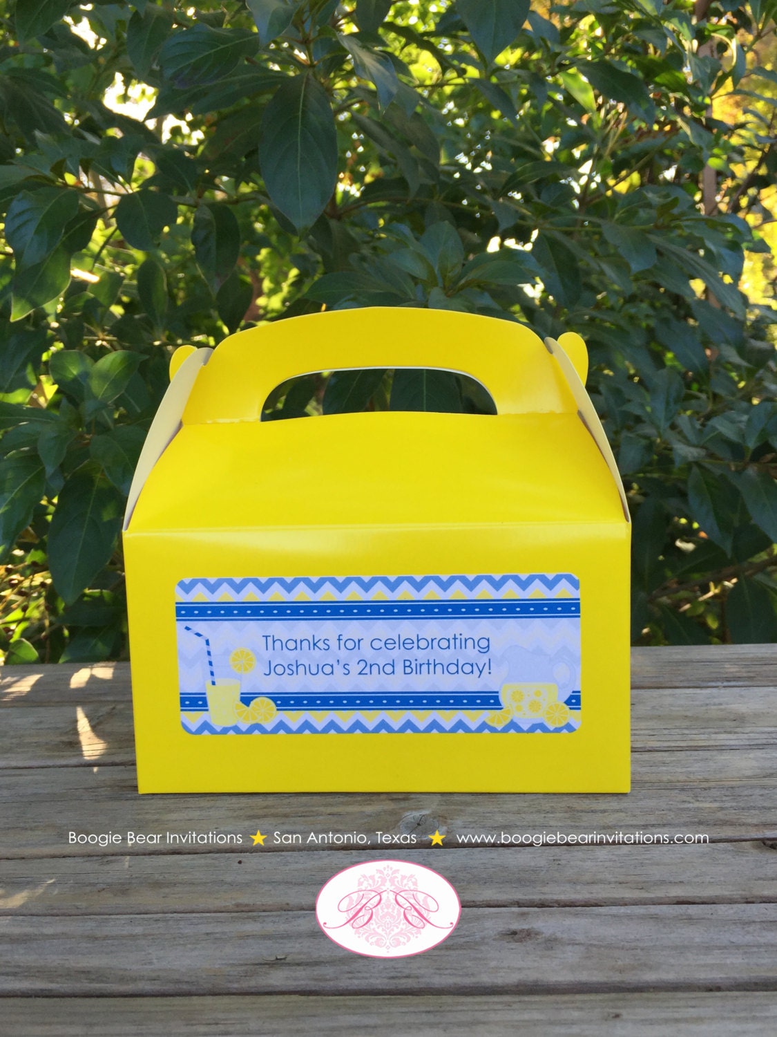 Blue Lemonade Party Treat Boxes Favor Tags Bag Birthday Box Yellow Chevron Boy Sweet Lemon Slice Drink Boogie Bear Invitations Joshua Theme