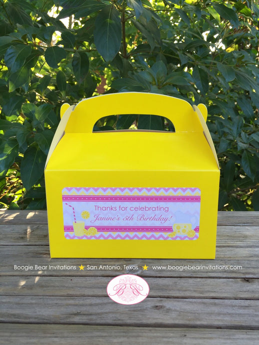 Pink Lemonade Party Treat Boxes Favor Tags Bag Birthday Box Yellow Chevron Girl Sweet Lemon Slice Drink Boogie Bear Invitations Janine Theme