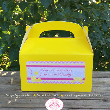 Pink Lemonade Party Treat Boxes Favor Tags Bag Birthday Box Yellow Chevron Girl Sweet Lemon Slice Drink Boogie Bear Invitations Janine Theme