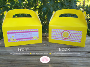 Pink Lemonade Party Treat Boxes Favor Tags Bag Birthday Box Yellow Chevron Girl Sweet Lemon Slice Drink Boogie Bear Invitations Janine Theme