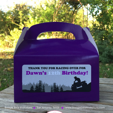 ATV Birthday Party Treat Boxes Favor Tags Bag Girl Purple Black Off Road Quad All Terrain Vehicle Racing Boogie Bear Invitations Dawn Theme