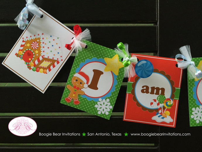 Gingerbread Boy Highchair I am 1 Banner Birthday Party Lollipop Snowflake Winter Snow Red Green 1st 2nd Boogie Bear Invitations Hansel Theme