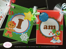Load image into Gallery viewer, Gingerbread Girl Highchair I am 1 Banner Birthday Party Winter Lollipop Snowflake Snow Red 1st 2nd 3rd Boogie Bear Invitations Gretel Theme