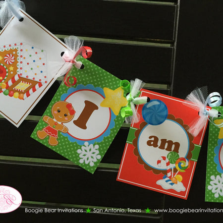 Gingerbread Girl Highchair I am 1 Banner Birthday Party Winter Lollipop Snowflake Snow Red 1st 2nd 3rd Boogie Bear Invitations Gretel Theme
