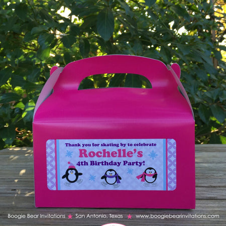 Ice Skating Birthday Party Treat Boxes Favor Tags Bags Pink Penguin Girl Purple Snowing Winter Skate Boogie Bear Invitations Rochelle Theme