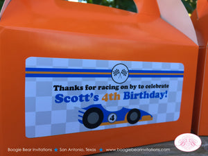 Race Car Birthday Party Treat Boxes Favor Tags Bag Orange Blue Black Pit Crew Drag Racing Checkered Flag Boogie Bear Invitations Scott Theme