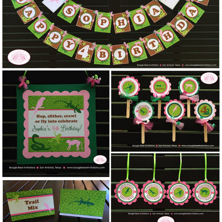 Pink Rainforest Birthday Party Package Reptile Jungle Girl Rain Forest Tropical Amazon Wild Zoo Animals Boogie Bear Invitations Sophia Theme