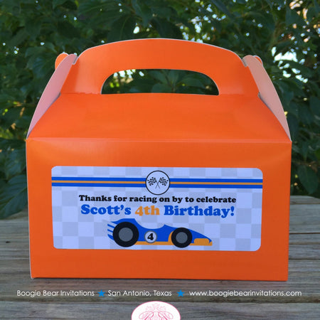 Race Car Birthday Party Treat Boxes Favor Tags Bag Orange Blue Black Pit Crew Drag Racing Checkered Flag Boogie Bear Invitations Scott Theme