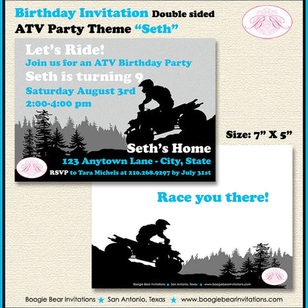 ATV Birthday Party Invitation Blue Black Quad Boy Girl All Terrain Vehicle Racing 4 Wheeler Trail Boogie Bear Invitations Seth Theme Printed