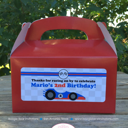 Race Car Birthday Party Treat Boxes Favor Tags Bag Red Blue Black Pit Crew Drag Racing Checkered Flag Boogie Bear Invitations Mario Theme