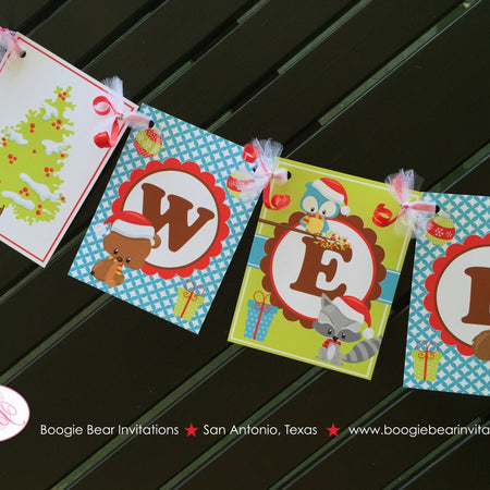 Woodland Animals Baby Shower Banner Party Christmas Fox Bear Winter Boy Girl Presents Tree Santa Hat 1st Boogie Bear Invitations Carol Theme