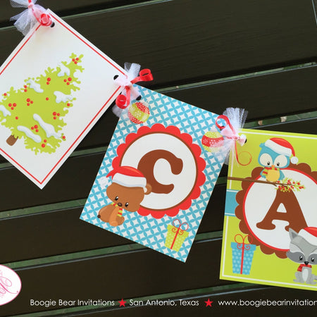 Woodland Animals Baby Shower Name Banner Party Christmas Fox Bear Winter Boy Girl Presents Tree Hat 1st Boogie Bear Invitations Carol Theme