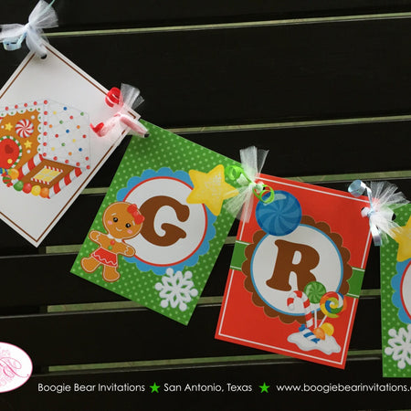 Gingerbread Girl Birthday Name Banner Red Winter Party Lollipop Snowflake Snow 1st 2nd 3rd 4th 5th 6th Boogie Bear Invitations Gretel Theme