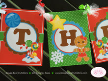 Load image into Gallery viewer, Gingerbread Girl Happy Birthday Banner Party Red Green Winter Snowflake Snow Christmas Candy House Boogie Bear Invitations Gretel Theme