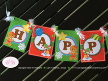 Load image into Gallery viewer, Gingerbread Girl Happy Birthday Banner Party Red Green Winter Snowflake Snow Christmas Candy House Boogie Bear Invitations Gretel Theme