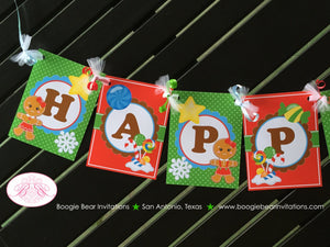 Gingerbread Girl Happy Birthday Banner Party Red Green Winter Snowflake Snow Christmas Candy House Boogie Bear Invitations Gretel Theme