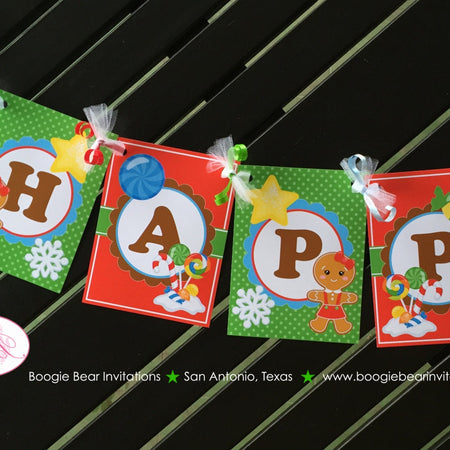 Gingerbread Girl Happy Birthday Banner Party Red Green Winter Snowflake Snow Christmas Candy House Boogie Bear Invitations Gretel Theme
