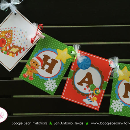 Gingerbread Boy Birthday Name Banner Red Winter Party Lollipop Snowflake Snow 1st 2nd 3rd 4th 5th 6th Boogie Bear Invitations Hansel Theme