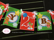Load image into Gallery viewer, Gingerbread Boy Happy Birthday Banner Party Red Green Lollipop Snowflake Snow 1st 2nd 3rd 4th 5th 6th Boogie Bear Invitations Hansel Theme