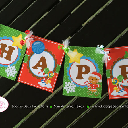 Gingerbread Boy Happy Birthday Banner Party Red Green Lollipop Snowflake Snow 1st 2nd 3rd 4th 5th 6th Boogie Bear Invitations Hansel Theme