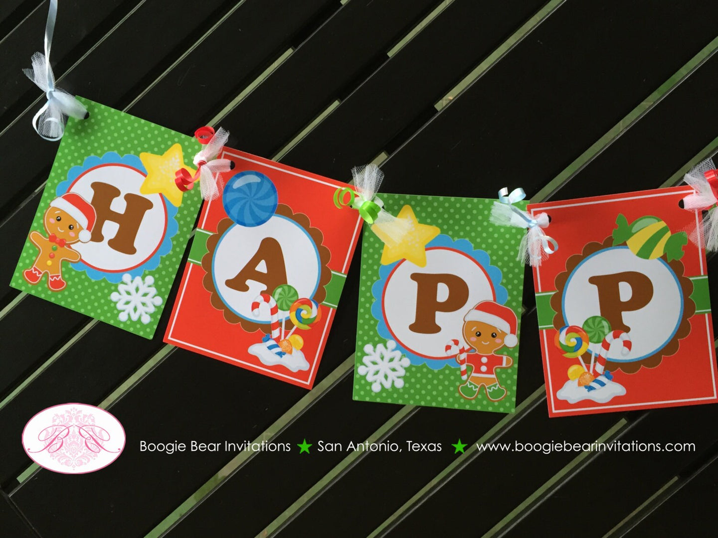 Gingerbread Boy Happy Birthday Banner Party Red Green Lollipop Snowflake Snow 1st 2nd 3rd 4th 5th 6th Boogie Bear Invitations Hansel Theme