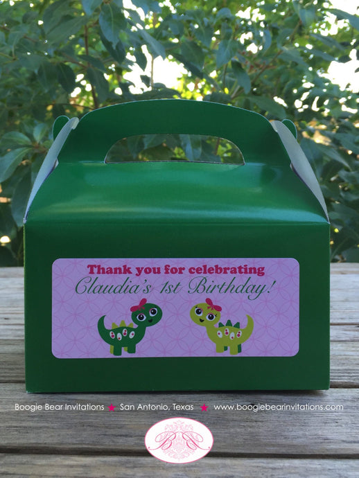 Pink Dinosaur Birthday Party Treat Boxes Favor Tags Bag Box Little Girl Bow Dino Green Stomp Roar Baby Boogie Bear Invitations Claudia Theme