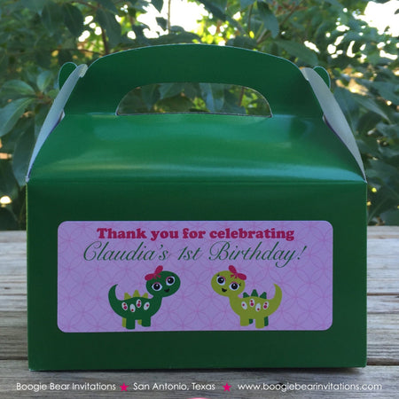Pink Dinosaur Birthday Party Treat Boxes Favor Tags Bag Box Little Girl Bow Dino Green Stomp Roar Baby Boogie Bear Invitations Claudia Theme