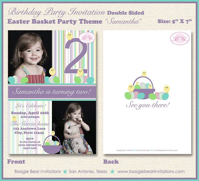 Easter Photo Birthday Party Invitation Eggs Basket Chick Boogie Bear Invitations Samantha Theme Paperless Printable Printed