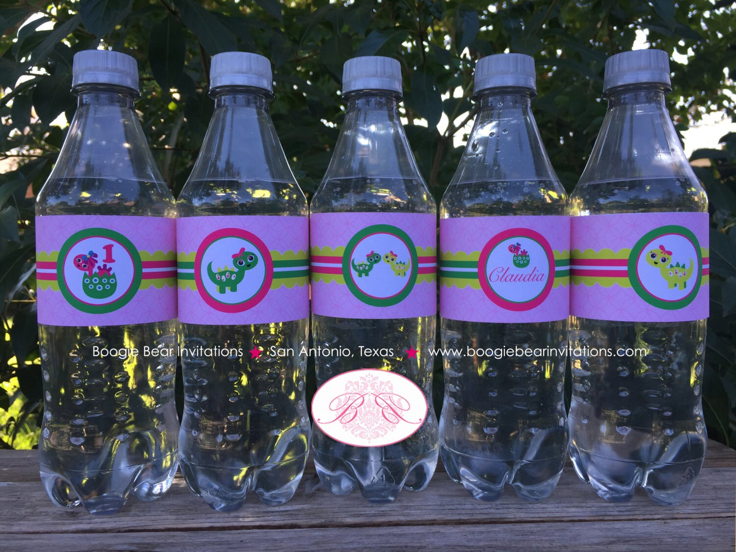 Pink Dinosaur Birthday Party Bottle Wraps Wrappers Cover Label Green Girl Prehistoric Jurassic Stomp Boogie Bear Invitations Claudia Theme