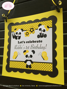 Panda Bear Birthday Party Door Banner Happy Girl Yellow Black Tropical Jungle Zoo Wild Bamboo Polka Dot Boogie Bear Invitations Robbi Theme