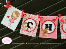 Load image into Gallery viewer, Valentine Girl Birthday Party Banner Name Fairy Heart Red Pink Puppy Dog Elephant Turtle Giraffe Bird Boogie Bear Invitations Charity Theme
