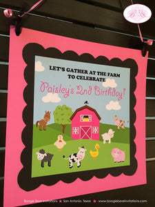 Pink Farm Animals Birthday Door Banner Girl Barn Black Blue Green Country Petting Zoo Cow Pig Horse Boogie Bear Invitations Paisley Theme