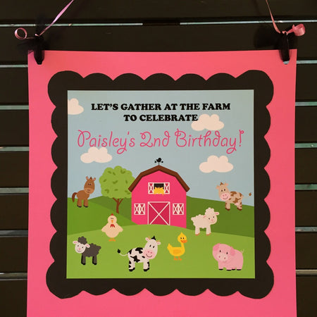 Pink Farm Animals Birthday Door Banner Girl Barn Black Blue Green Country Petting Zoo Cow Pig Horse Boogie Bear Invitations Paisley Theme