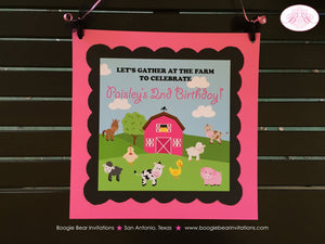 Pink Farm Animals Birthday Door Banner Girl Barn Black Blue Green Country Petting Zoo Cow Pig Horse Boogie Bear Invitations Paisley Theme
