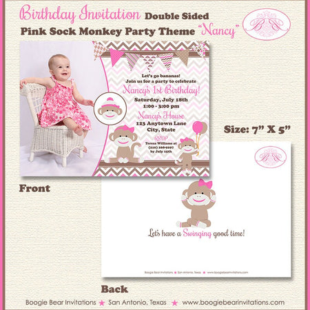 Pink Sock Monkey Party Invitation Birthday Photo Girl Wild Zoo Jungle Amazon Boogie Bear Invitations Nancy Theme Paperless Printable Printed