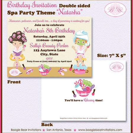 Pink Spa Birthday Party Invitation Girl Facial Beauty Pedicure Manicure Boogie Bear Invitations Natasha Theme Paperless Printable Printed
