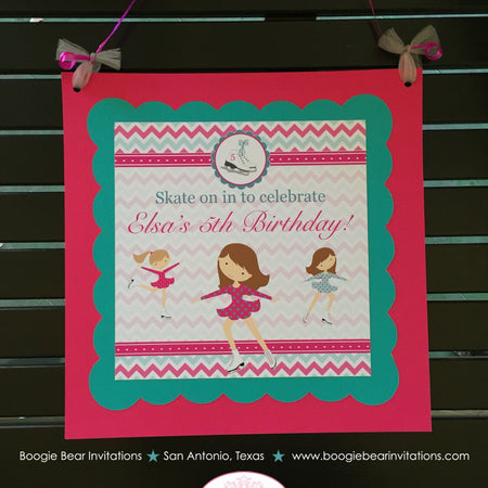 Ice Skating Birthday Door Banner Girl Party Pink Girl Winter Skate Rink Aqua Teal Snowing Group Christmas Boogie Bear Invitations Elsa Theme