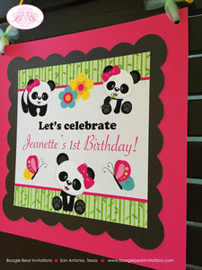 Pink Panda Bear Birthday Door Banner Girl Party Black Green Butterfly Jungle Wild Zoo Garden Bamboo Boogie Bear Invitations Jeanette Theme