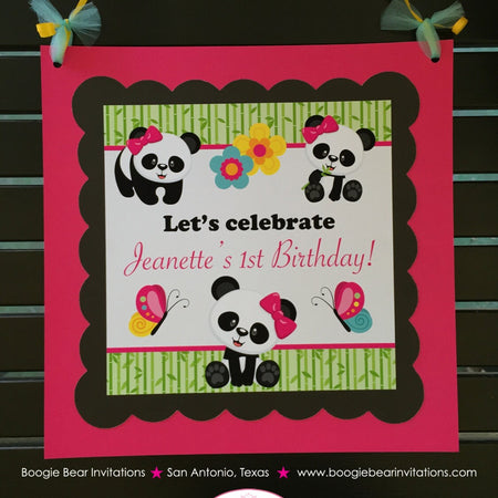 Pink Panda Bear Birthday Door Banner Girl Party Black Green Butterfly Jungle Wild Zoo Garden Bamboo Boogie Bear Invitations Jeanette Theme