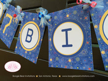 Load image into Gallery viewer, Outer Space Happy Birthday Party Banner Galaxy Girl Boy Rocket Orbit Science Planet Solar System Travel Boogie Bear Invitations Skyler Theme