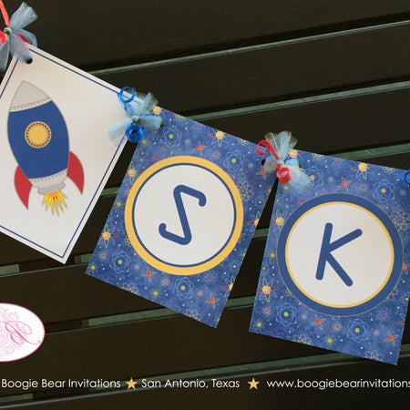 Outer Space Birthday Party Name Banner Galaxy Girl Boy Rocket Science Planet 1st 6th 7th 8th 9th 10th Boogie Bear Invitations Skyler Theme