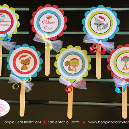 Winter Woodland Animals Cupcake Toppers Baby Shower Owl Squirrel Fox Boy Girl Christmas Santa Party 1st Boogie Bear Invitations Carol Theme