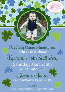 St. Patrick's Birthday Party Invitation Photo Shamrock Boy Blue Clover Boogie Bear Invitations Kieran Theme Paperless Printable Printed